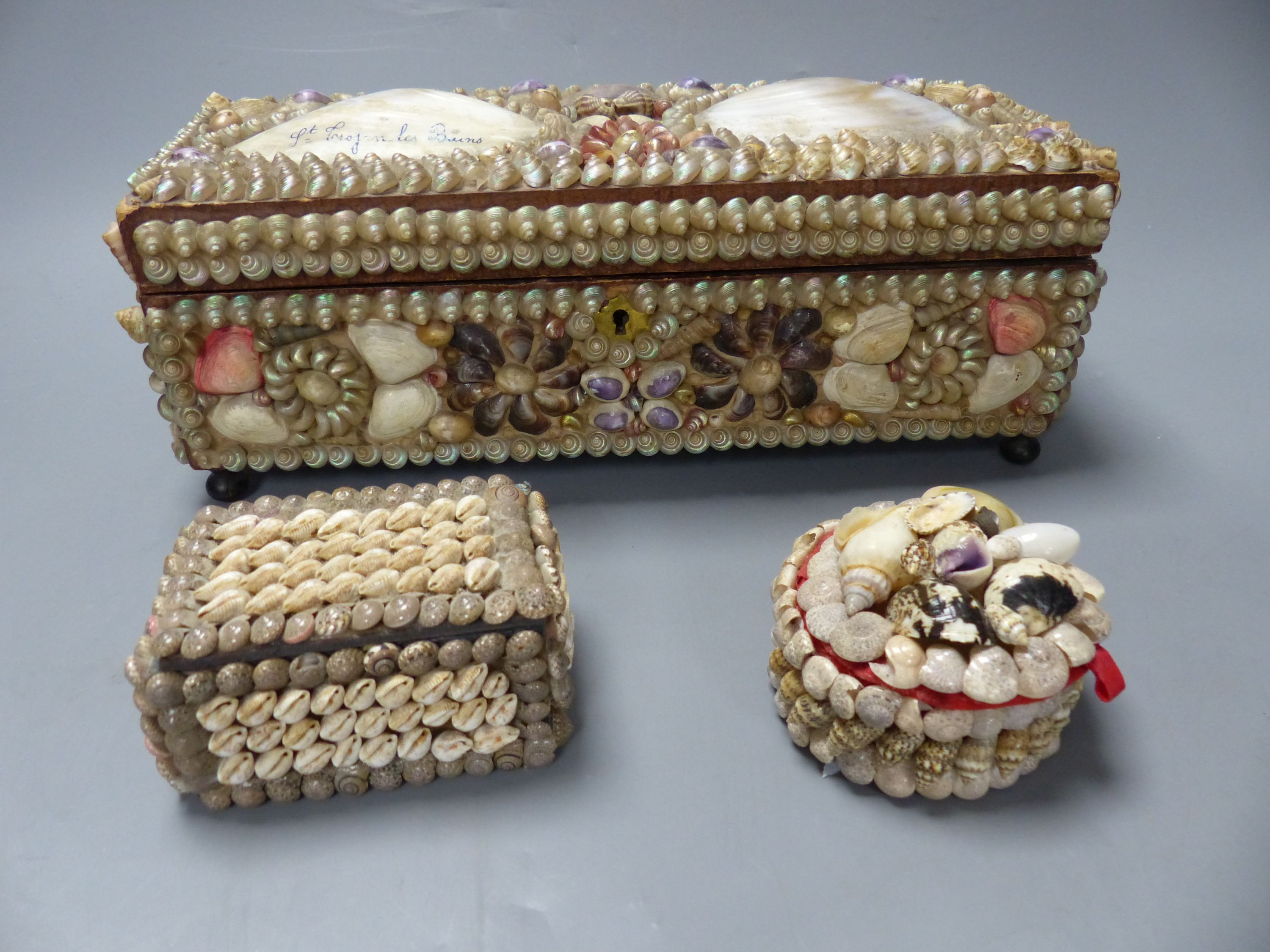 A French sailors seashell encrusted box with mirrored lid interior and two others, longest 29cm